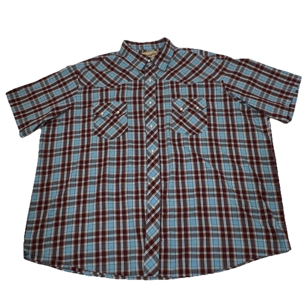 Wrangler Western Pearl Snap Short Sleeve Shirt Blue Maroon Men 2XL See Measure